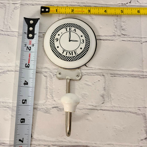 Black and White Tea Time 3 o'clock Kitchen/Laundry/Bedroom Wall Hanger Hook 6.5" - Picture 3 of 3